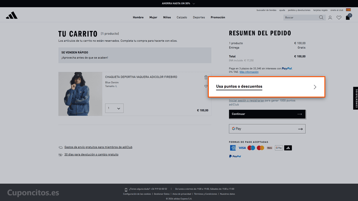 Dónde introducir el código descuento en adidas