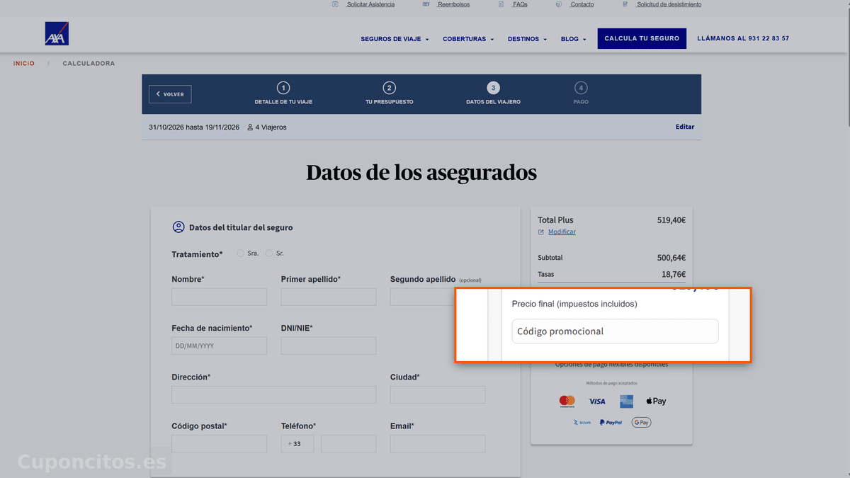 Dónde introducir el código descuento en AXA Seguros de Viaje