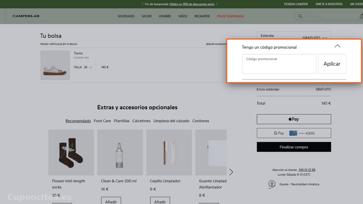 Dónde introducir el código descuento en Camper