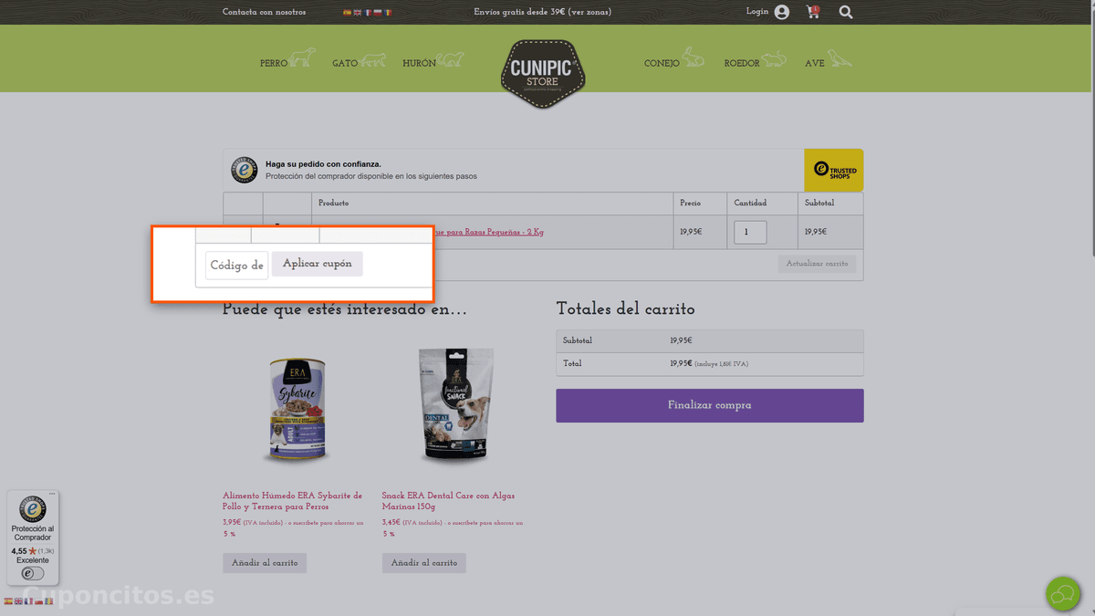 Dónde introducir el código descuento en CUNIPIC