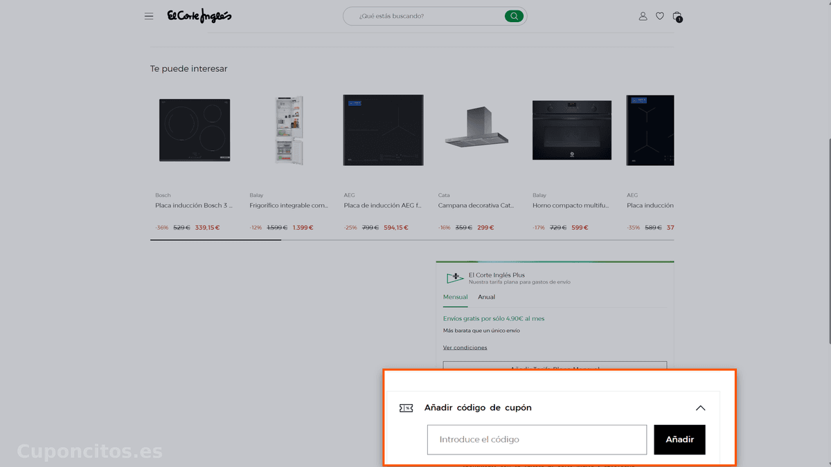 Dónde introducir el código descuento en El Corte Inglés
