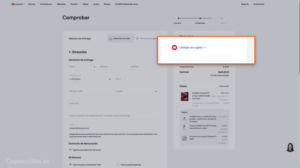 Dónde introducir el código descuento en Huawei