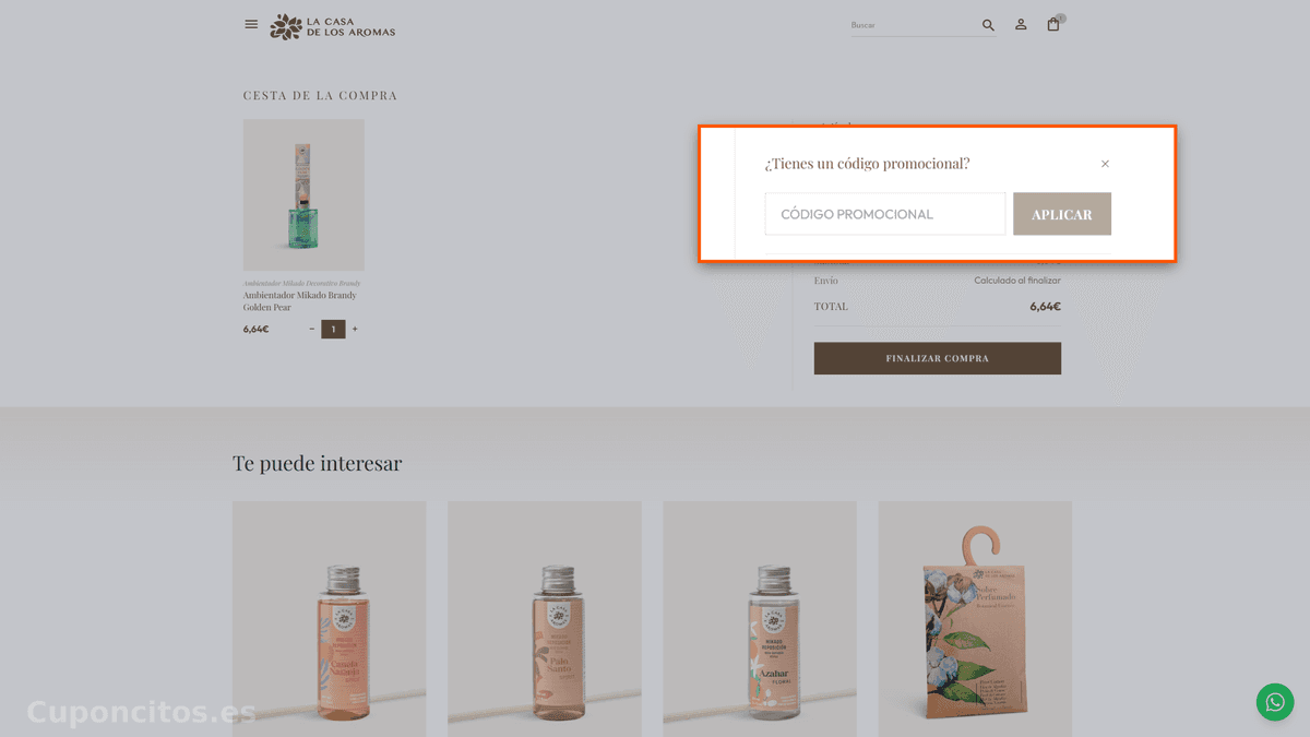 Dónde introducir el código descuento en La Casa de los Aromas