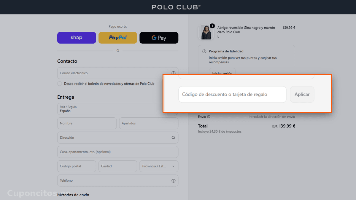 Dónde introducir el código descuento en Polo Club