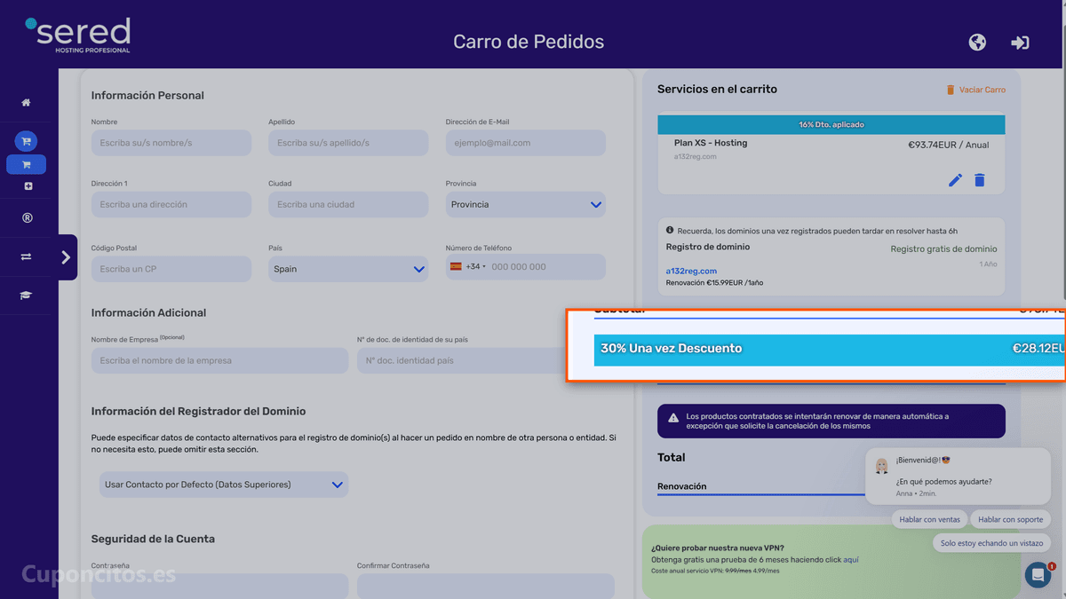 Dónde introducir el código descuento en Sered