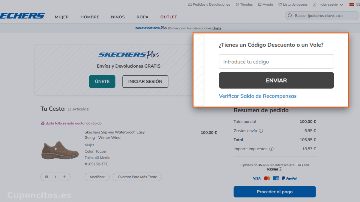 Dónde introducir el código descuento en Skechers