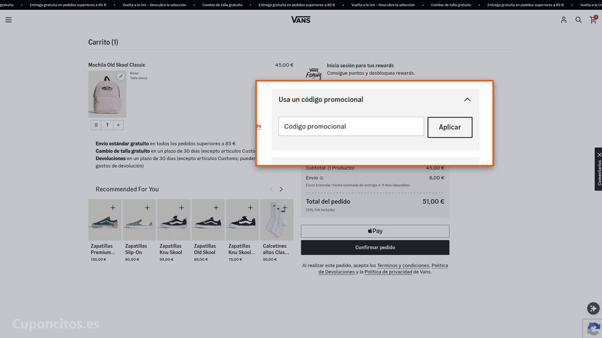 Dónde introducir el código descuento en VANS