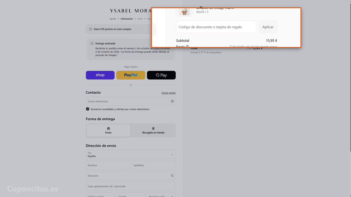 Dónde introducir el código descuento en Ysabel Mora