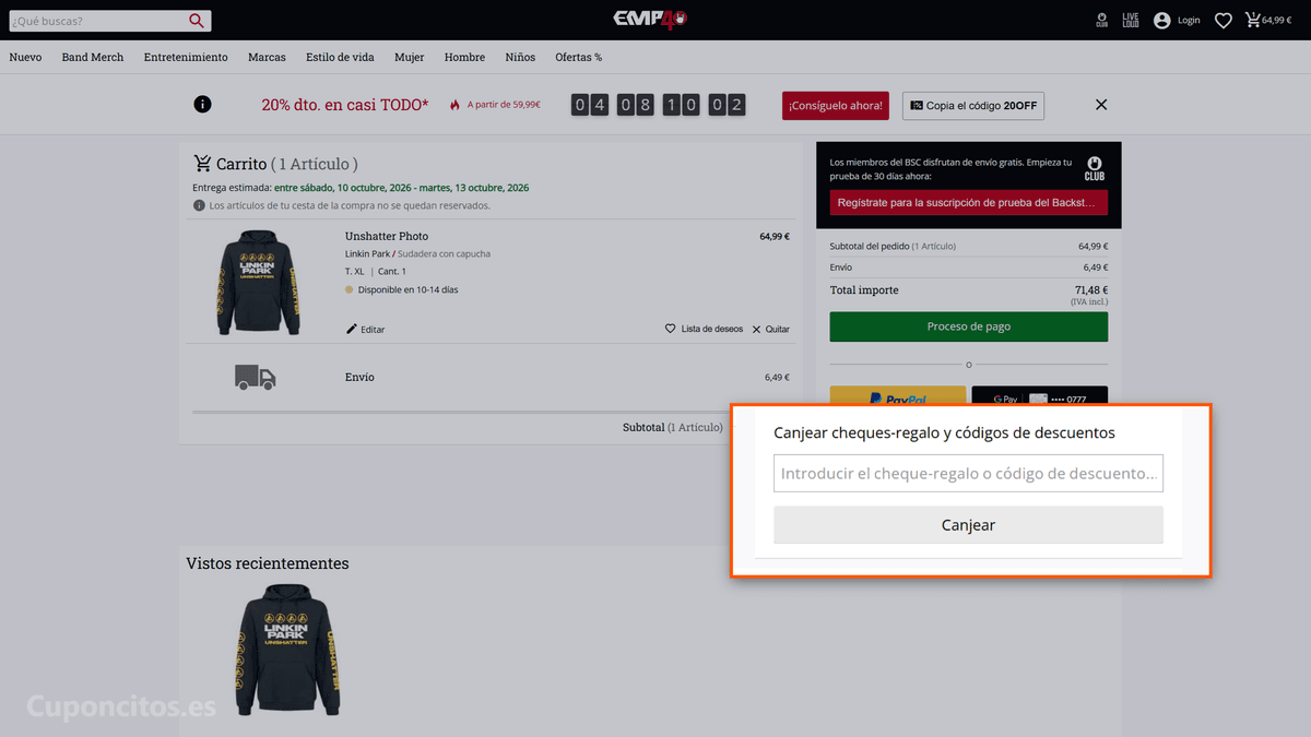 Dónde introducir el código descuento en EMP