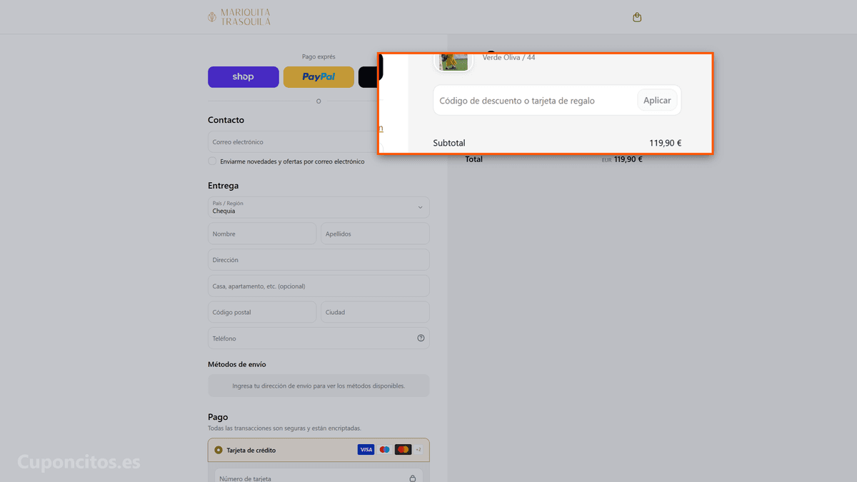 Dónde introducir el código descuento en Mariquita Trasquilá