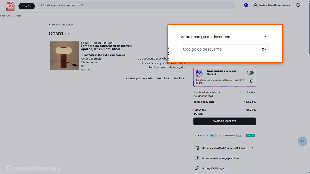 Dónde introducir el código descuento en La Redoute