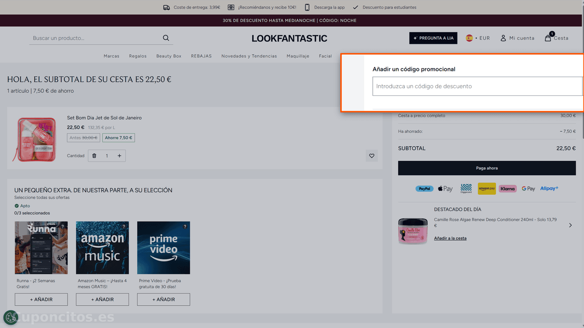Dónde introducir el código descuento en LOOKFANTASTIC