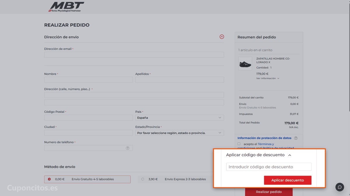 Dónde introducir el código descuento en MBT