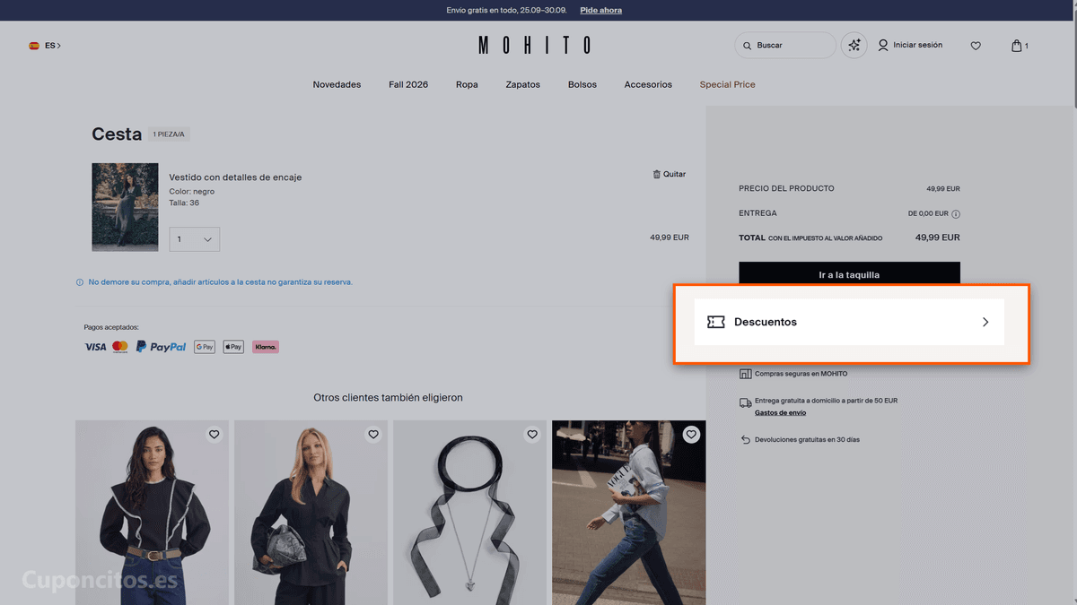 Dónde introducir el código descuento en MOHITO